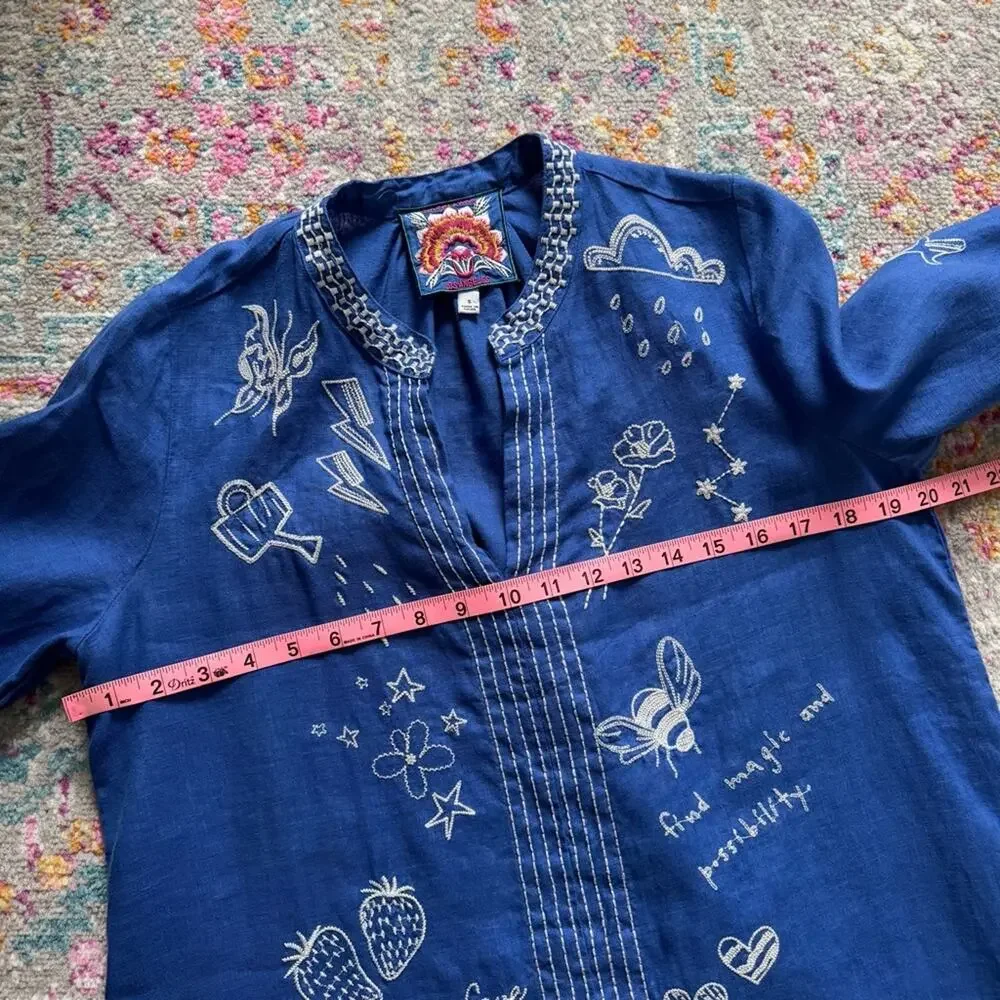 Johnny Was Sovanna Blue Embroidered Linen Bishop Sleeves Tunic Dress Size Small - Picture 6 of 11